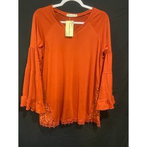 Southern Stitch Small Rust Red Bell Sleeve Lace NWT Top